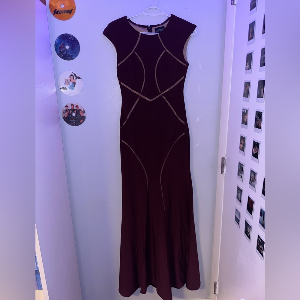 XSCAPE Long Ity Cap Sleeve Illusion Insets Gown - Burgundy